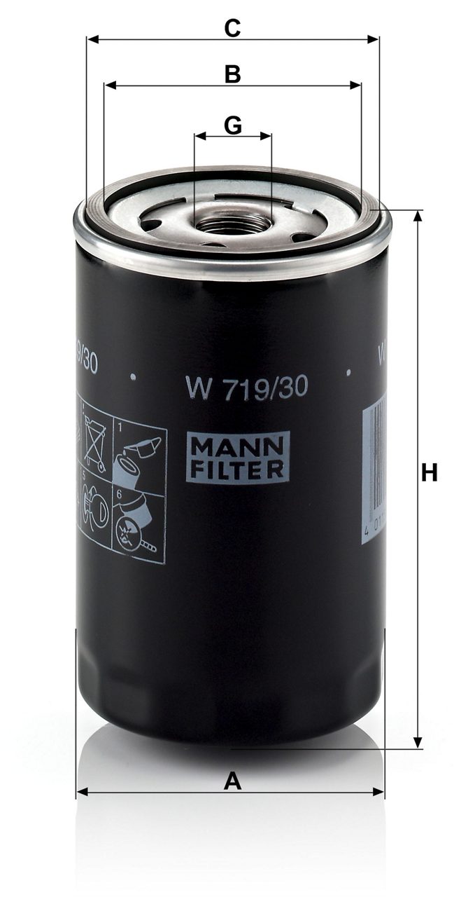 Audi VW Porsche engine oil filter W719/30 by MANN, shown in a close-up view with detailed filter elements.