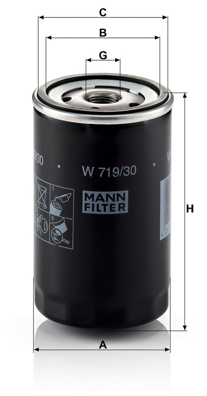 Audi VW Porsche engine oil filter W719/30 by MANN, shown in a close-up view with detailed filter elements.