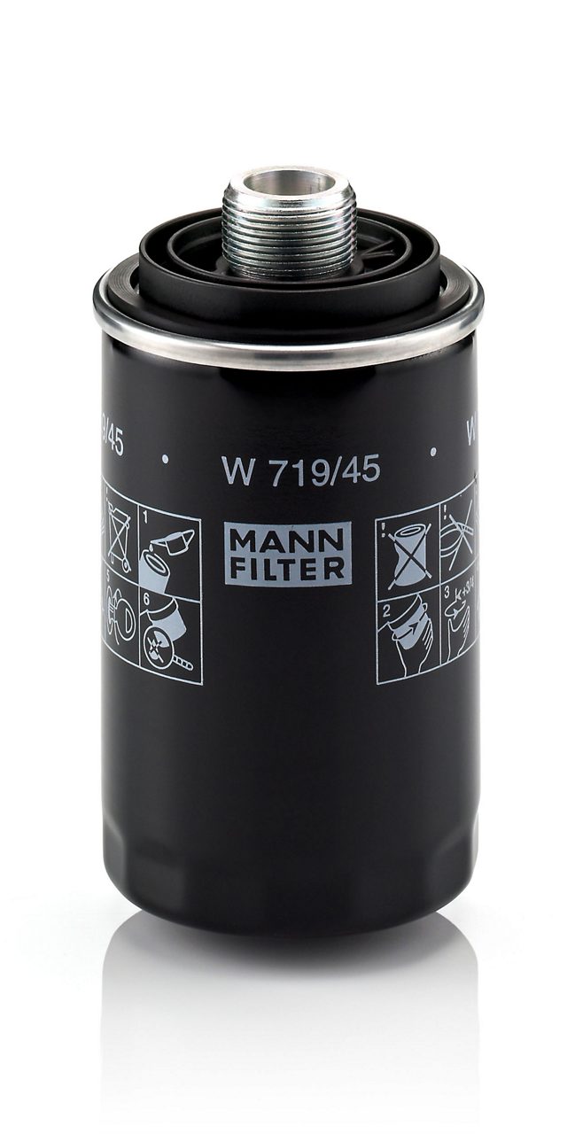 Audi VW engine oil filter W719/45 by Mann, compatible with 2008-2020 models, shown in the image with the filter element.