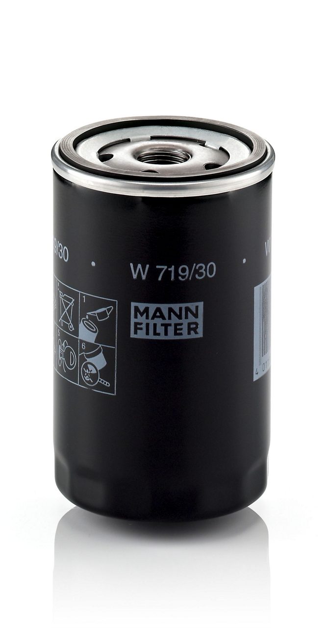 WorldPac engine oil filter W719/30 for Audi, VW, Porsche vehicles, showing the black cylindrical filter element.