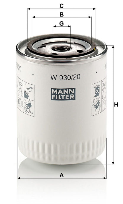 Audi VW Porsche engine oil filter W930/20 from Mann, featuring the WorldPac brand, shown in a close-up view.