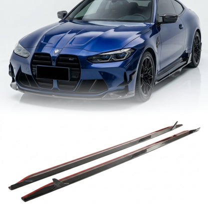 BMW M3 G80, M4 G82, G83 carbon fiber side skirt extensions by K2 Industries, showing sleek dry carbon fiber finish