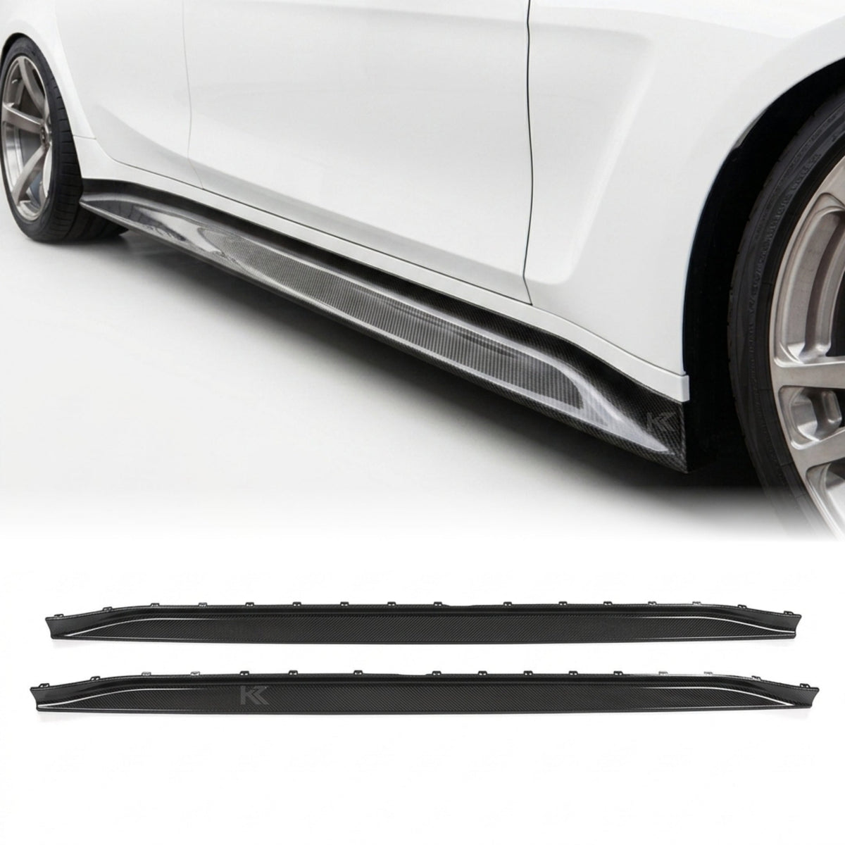 BMW M3 Competition G80 carbon fiber side skirts by K2 Industries, shown in dry pre-preg carbon fiber with a sleek, aerodynamic design.