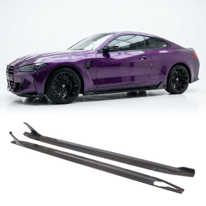 BMW M4 G82 G83 side skirt extensions in black dry carbon fiber by K2 Industries, showing sleek aerodynamic design.