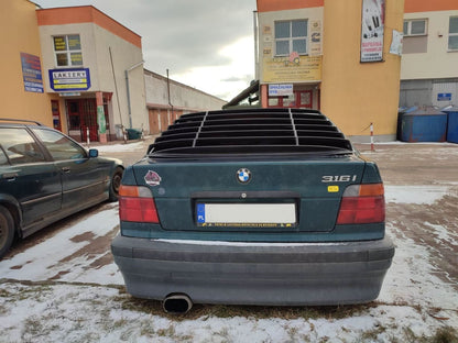 Black BMW E36 Compact Series 3 windscreen louvers by K2 Industries, designed for the 1992-1999 model.