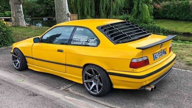 Black BMW E36 Coupe Series 3 windshield louvers by K2 Industries, rear window vent covers for 1992-1999 models.