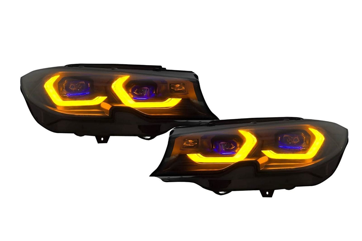K2 Industries BMW 3 Series G20 laser-style LED headlights for non-laser models, showing sleek headlight design and LED accents.