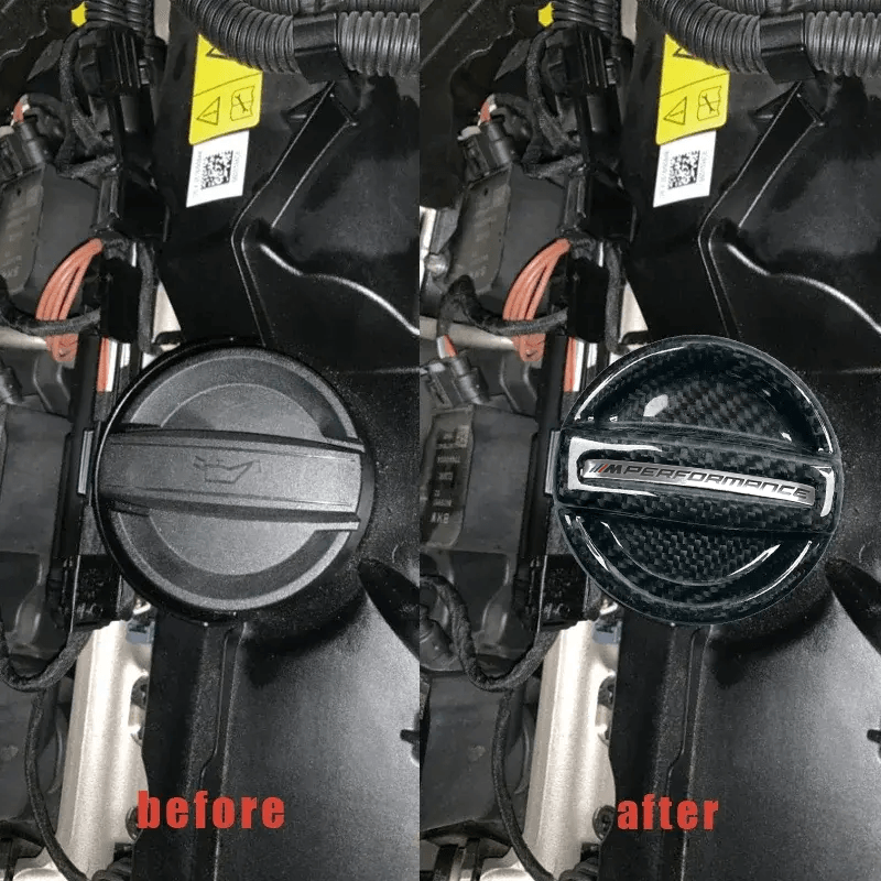 BMW MPerformance carbon fiber engine oil cap by K2 Industries, showcasing a sleek, lightweight design for engine enhancement.