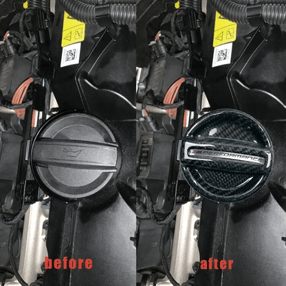 BMW MPerformance carbon fiber engine oil cap by K2 Industries, showcasing a sleek, lightweight design for engine enhancement.