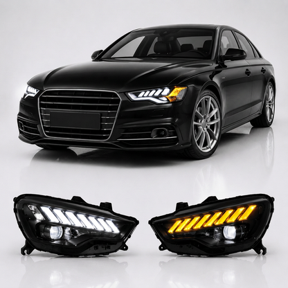 Vekto LED headlights assembly for Audi A6 C7 with dynamic turn signals and daytime running lights, showing the upgraded headlight components.