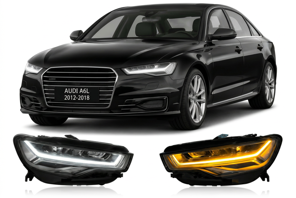 Vekto full LED headlights for Audi A6L 2012-2018, plug-and-play headlight assembly with main components visible.