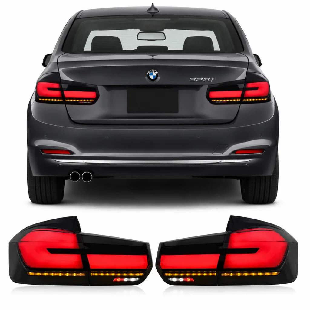 Vekto LED tail lights for BMW 3 Series F30/F35 G30, red and white, installed on a 2012-2018 model, showing illuminated brake and indicator lights.