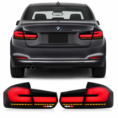 Vekto LED tail lights for BMW 3 Series F30/F35 G30, red and white, installed on a 2012-2018 model, showing illuminated brake and indicator lights.