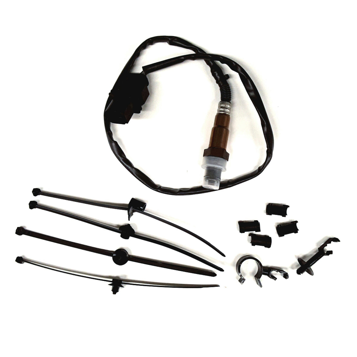 An automotive sensor wiring harness kit with a black-wrapped sensor, clear plastic connector, several black zip ties, small black clips, and a metal clamp, photographed on a white background.