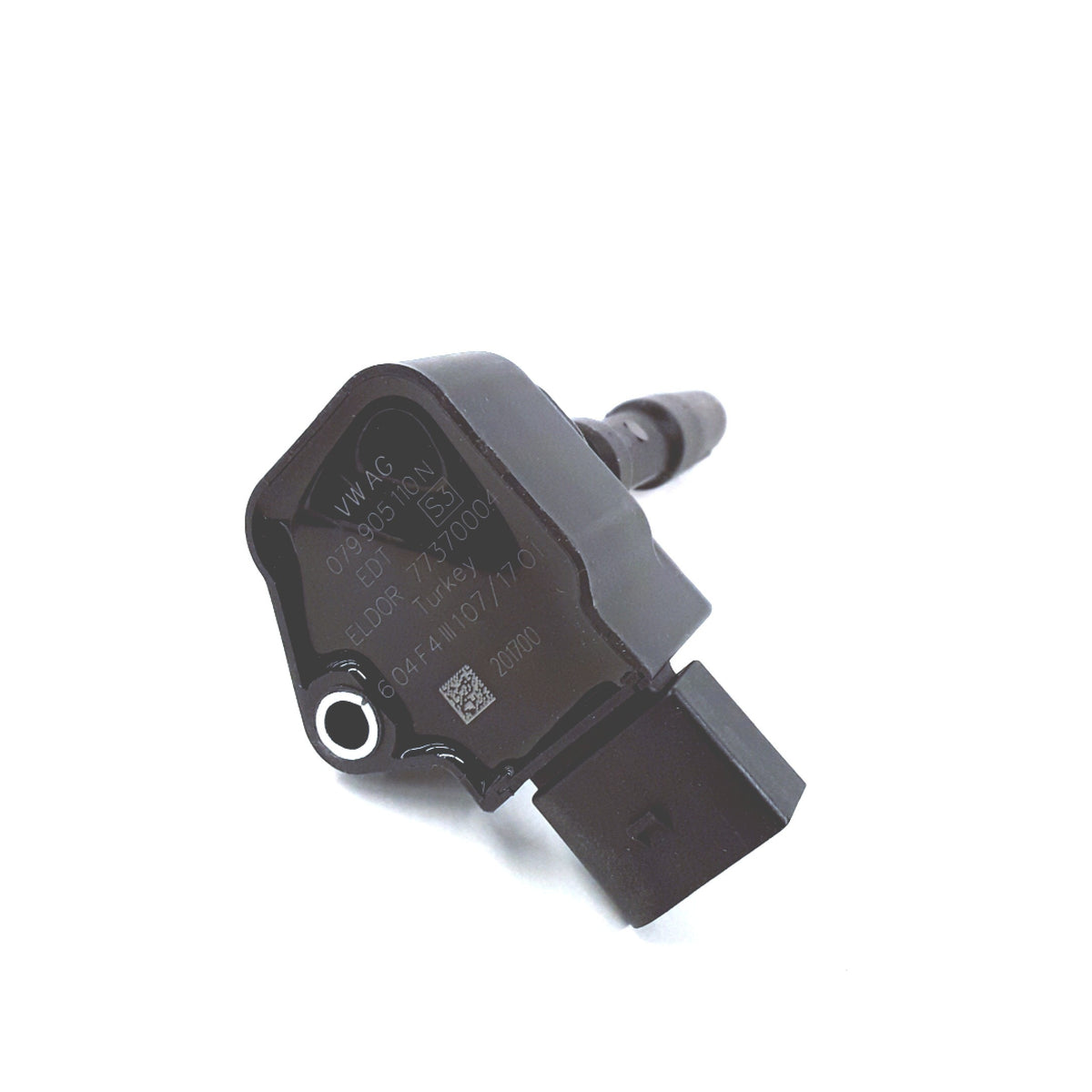 Genuine OEM direct ignition coil for Audi VW 4.0L engine, 2013-2018, installed in engine bay with electrical connectors visible.