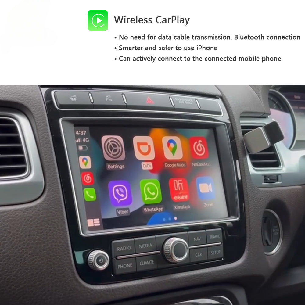 Car stereo touchscreen showing the Apple Wireless CarPlay interface, installed in a vehicle dashboard with climate and radio controls below, with explanatory text at the top about wireless CarPlay connectivity.