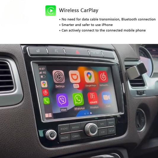 Car stereo touchscreen showing the Apple Wireless CarPlay interface, installed in a vehicle dashboard with climate and radio controls below, with explanatory text at the top about wireless CarPlay connectivity.