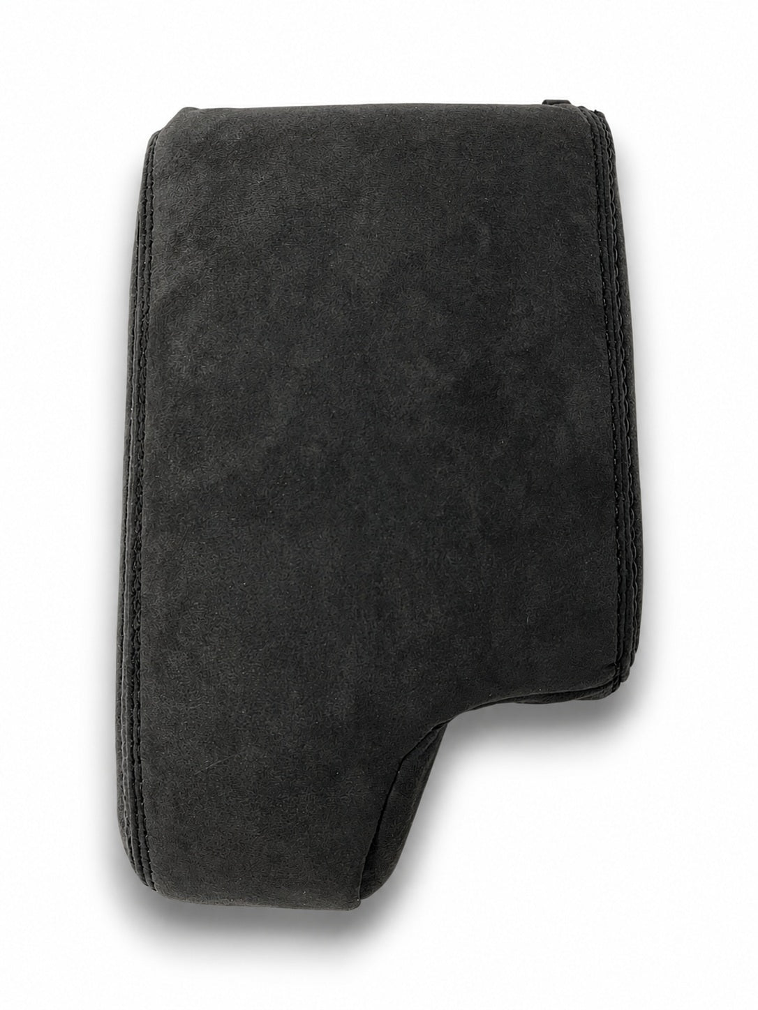 Charcoal black Alcantara BMW E36 E46 center console armrest cover by JTS Custom Upholstery, showing textured material and fitting details.