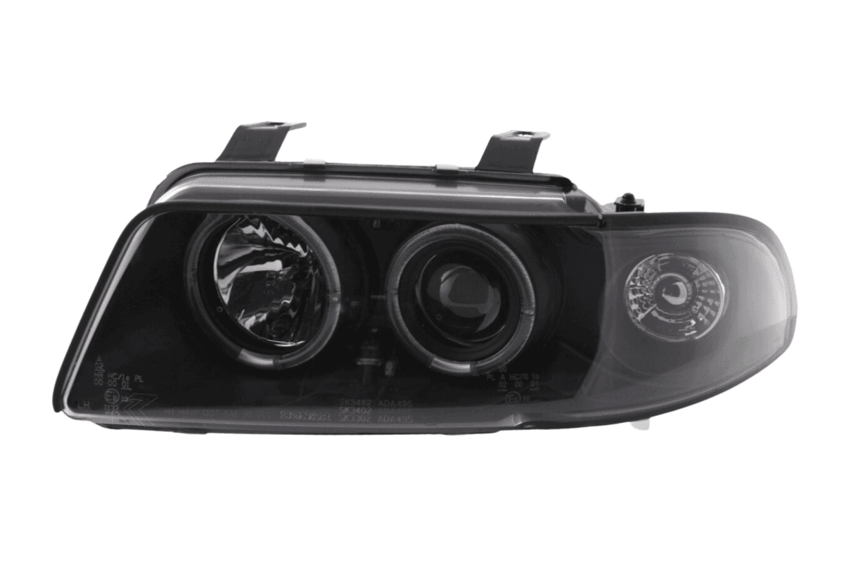 K2 Industries Audi A4 B5 8D black angel eye headlight set for 1995-1999, featuring sleek black housing and illuminated angel eyes.
