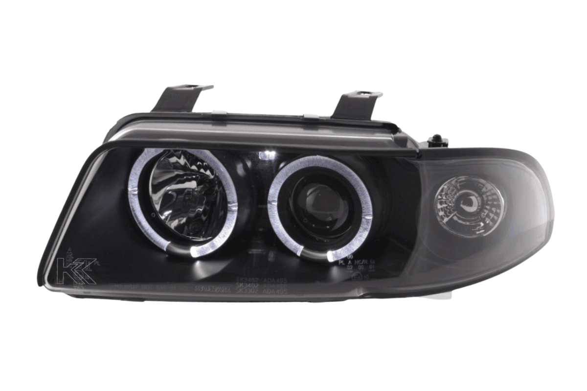 K2 Industries black angel eye headlights for Audi A4 B5 8D (1995-1999) with clear lens and stylish daytime running lights.
