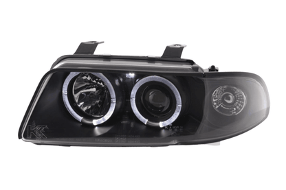K2 Industries black angel eye headlights for Audi A4 B5 8D (1995-1999) with clear lens and stylish daytime running lights.