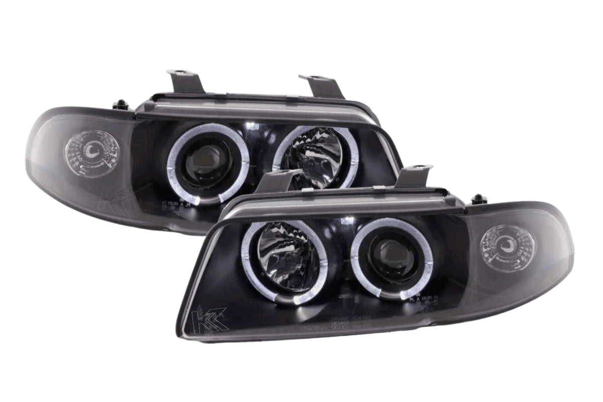 K2 Industries black angel eye headlights for Audi A4 B5 8D (1995-1999) with clear lenses and modern angel eye design