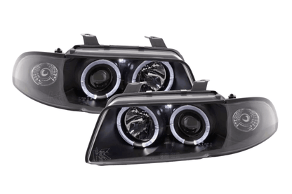 K2 Industries black angel eye headlights for Audi A4 B5 8D (1995-1999) with clear lenses and modern angel eye design