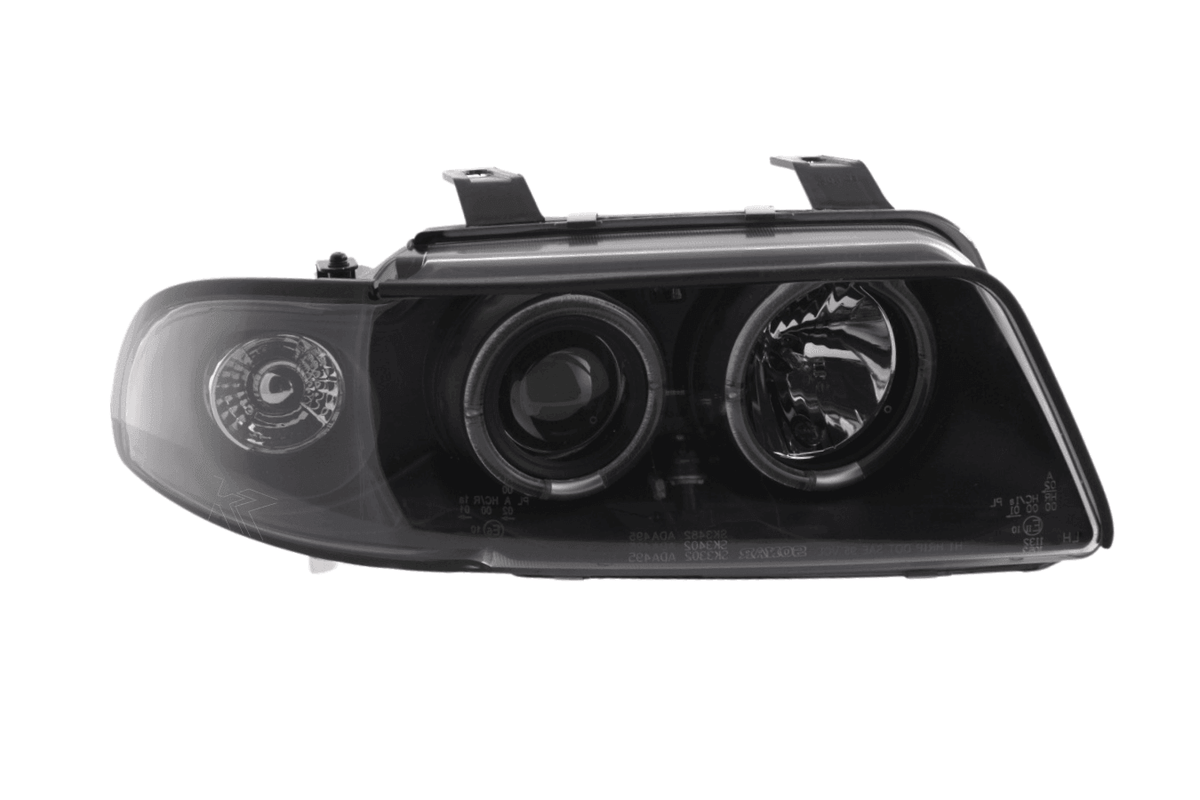 K2 Industries black angel eye headlight set for Audi A4 B5 8D (1995-1999) with dual circular angel eye rings and clear lens.