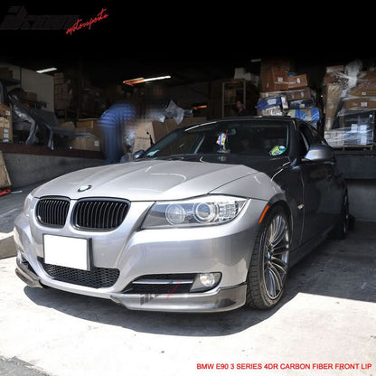 BMW E90 3 Series 2005-2008 matte carbon fiber front lip splitter spoiler designed by K2 Industries for 4-door models.