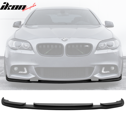 Matte black front lip spoiler for BMW F10 2011-2016 528i 550i 535i Msport by K2 Industries, shown on vehicle with close-up view