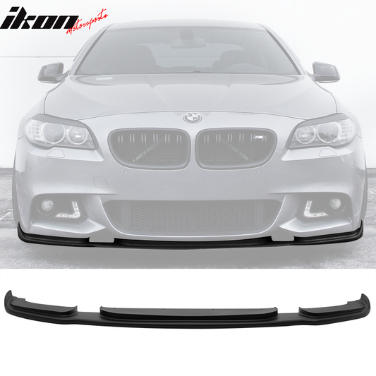 Matte black front lip spoiler for BMW F10 2011-2016 528i 550i 535i Msport by K2 Industries, shown on vehicle with close-up view