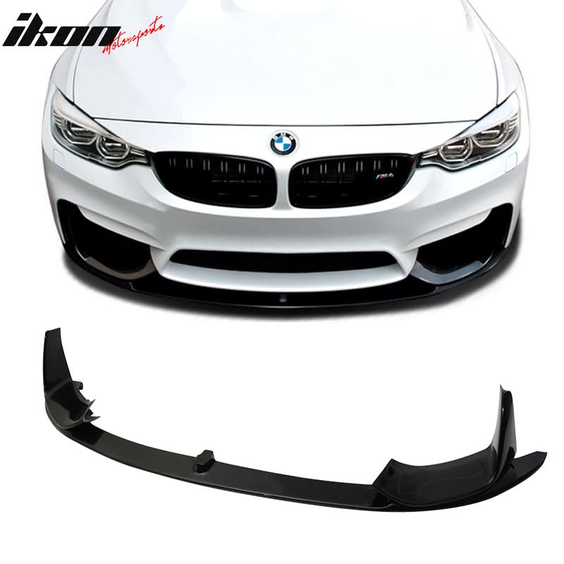 K2 Industries black P-style front bumper lip spoiler for 2015-2020 BMW F80 M3 and F82 M4, 3-piece PP material, close-up view