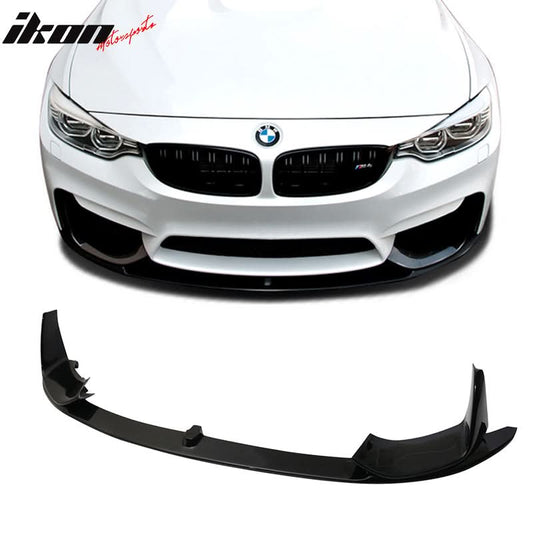 K2 Industries black P-style front bumper lip spoiler for 2015-2020 BMW F80 M3 and F82 M4, 3-piece PP material, close-up view