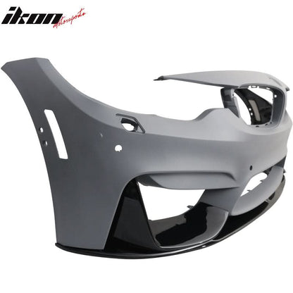 K2 Industries black P-style front bumper lip spoiler for BMW F80 M3 and F82 M4, 2015-2020, three-piece polypropylene design.