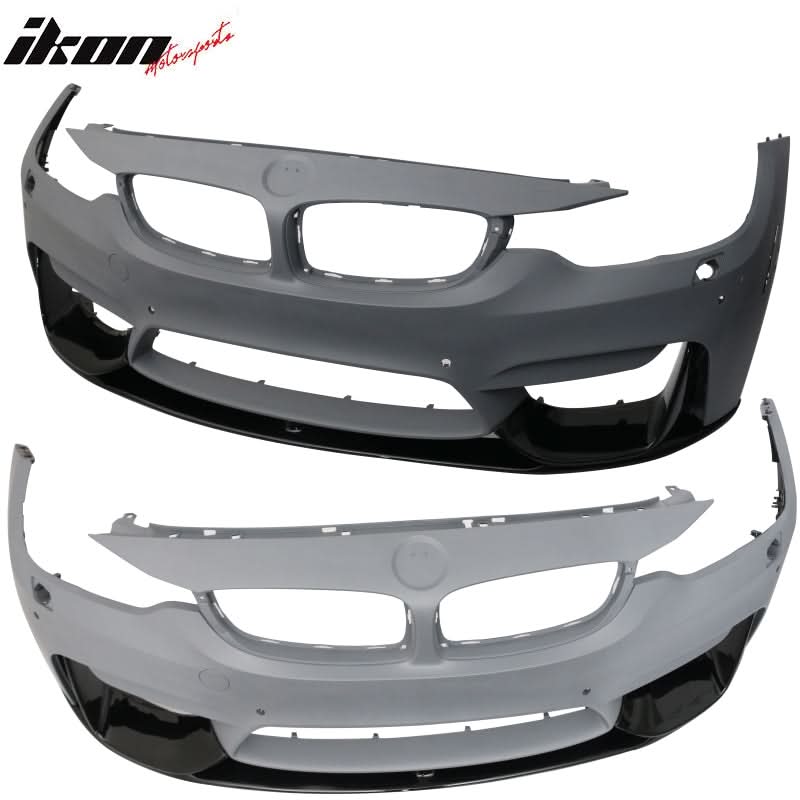 K2 Industries black P-style front bumper lip spoiler for BMW F80 M3 F82 M4, 2015-2020, 3-piece polypropylene design.