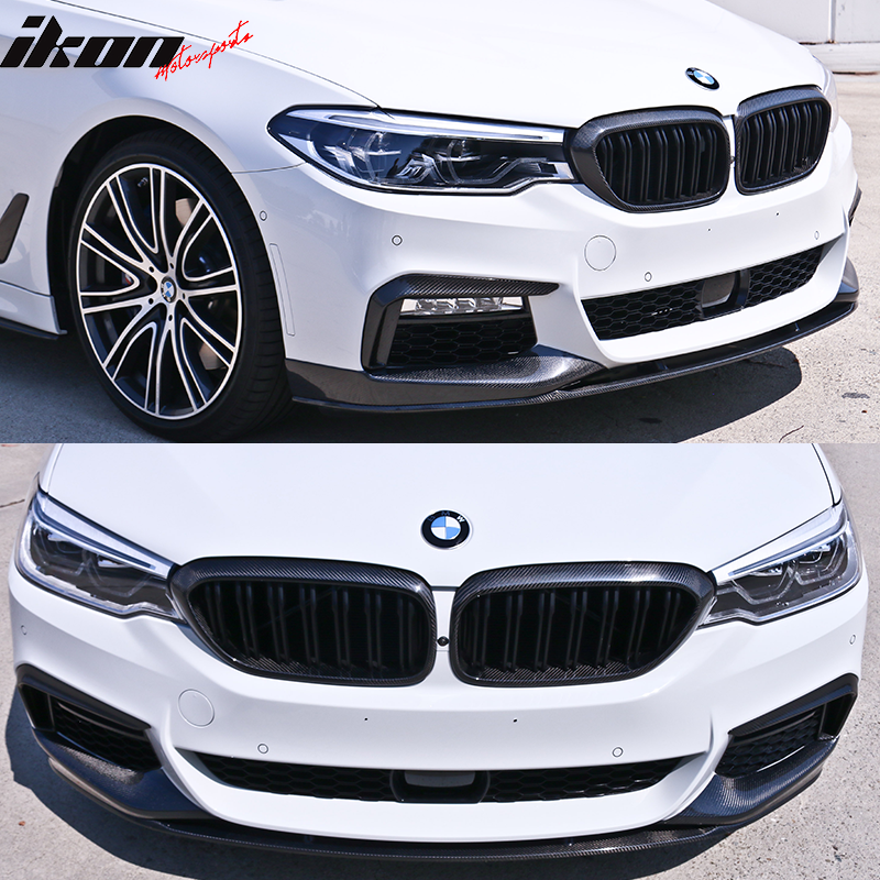 BMW G30 M-Tech M Sport front bumper lip spoiler set by K2 Industries, 3-piece carbon fiber design for 2017-2020 models.