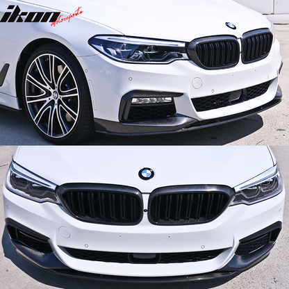 BMW G30 M-Tech M Sport front bumper lip spoiler set by K2 Industries, 3-piece carbon fiber design for 2017-2020 models.