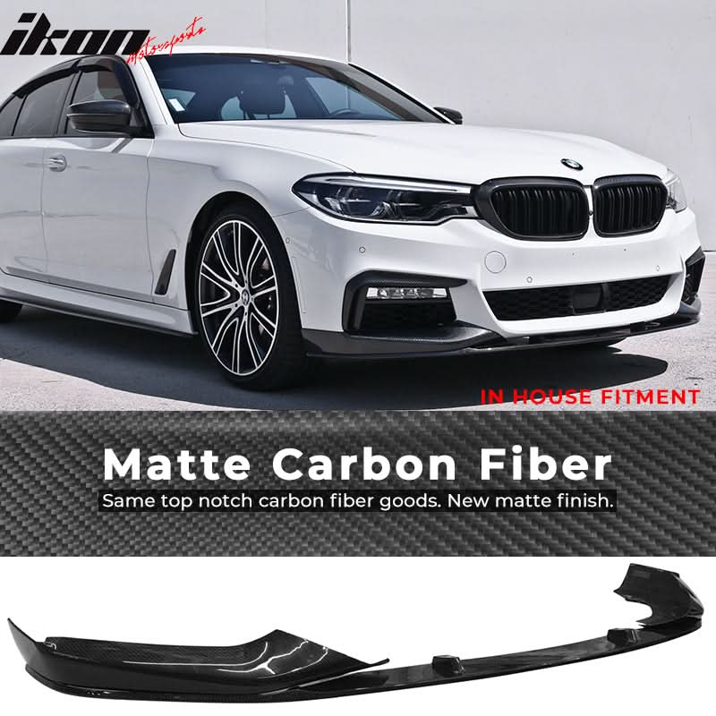 BMW G30 M-Tech M Sport front bumper lip spoiler set by K2 Industries, 3-piece carbon fiber design for 2017-2020 models.
