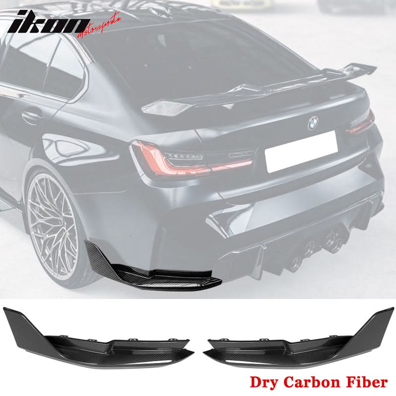 Black BMW G80 M3 MP Style diffuser rear bumper lip in glossy dry carbon fiber by K2 Industries, showing detailed design.
