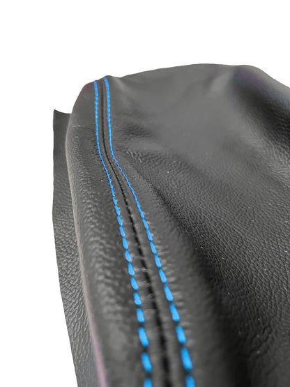 Blue leather and suede BMW E36 E46 center console armrest cover with genuine upholstery for 1991-1999 models.