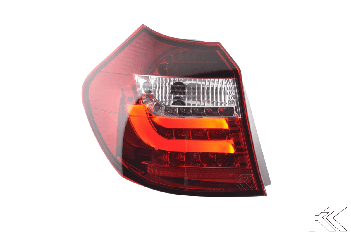 BMW 1-Series E81 3/5 door red LED tail lights set by K2 Industries, compatible with 2007-2011 models, shown in the image.