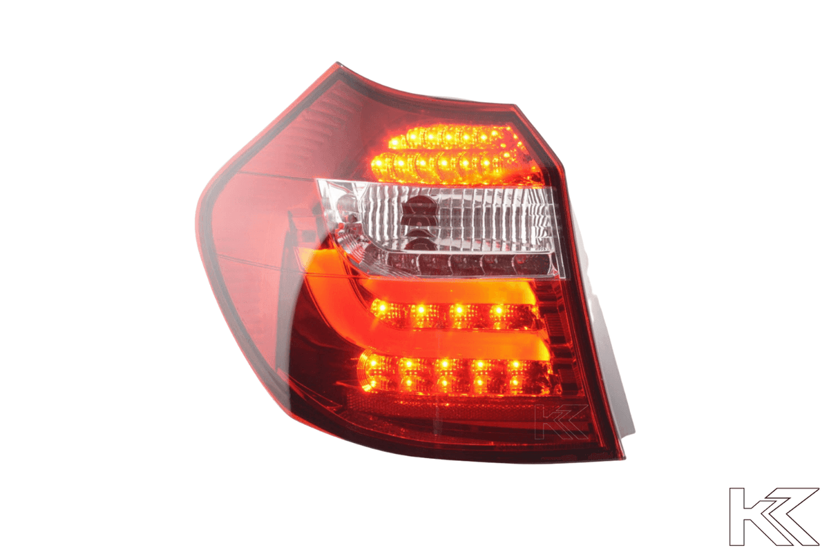 BMW 1-Series E81 3/5 door red LED taillights set by K2 Industries, for models 2007-2011, showing front view of tail light assembly.