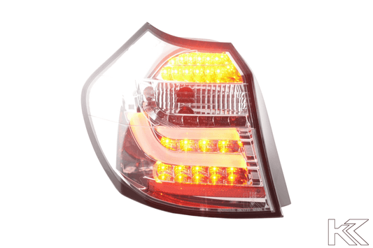 BMW 1-series E81 coupe chrome clear LED taillights set by K2 Industries, showing sleek design and bright LED illumination.