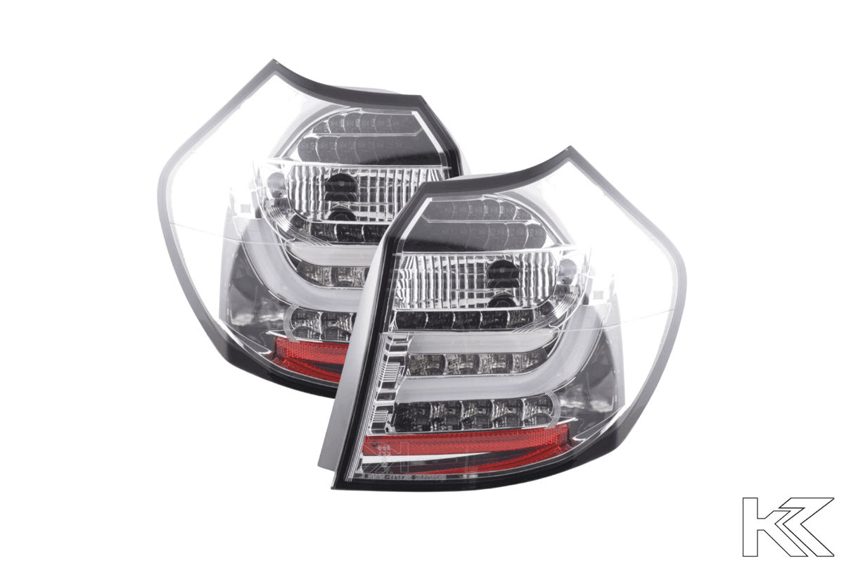 BMW 1-Series E81 Coupe chrome clear LED tail lights set by K2 Industries, showing the sleek tail light design for 2007-2011 models.