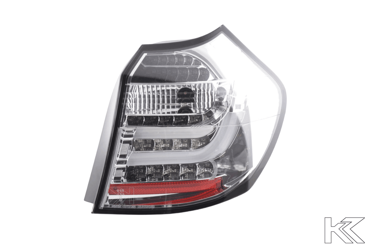 BMW 1-Series E81 coupe chrome clear LED taillights set by K2 Industries, for model years 2007-2011, showing front and side view