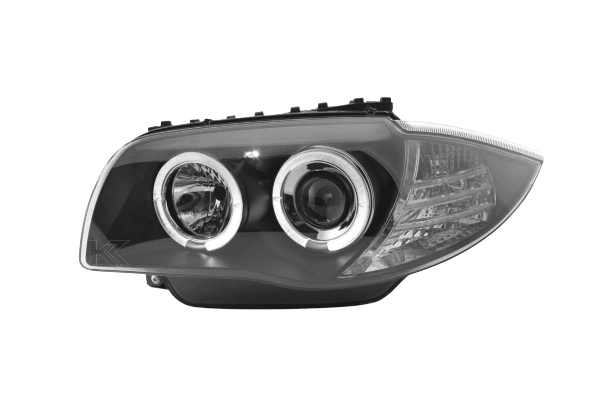 BMW 1-series E81 E82 E87 E88 black angel eyes headlight set by K2 Industries, showing the sleek headlights with illuminated angel eyes.