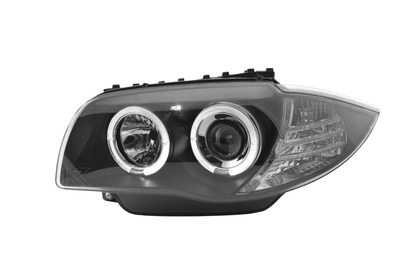 BMW 1-series E81 E82 E87 E88 black angel eyes headlight set by K2 Industries, showing the sleek headlights with illuminated angel eyes.