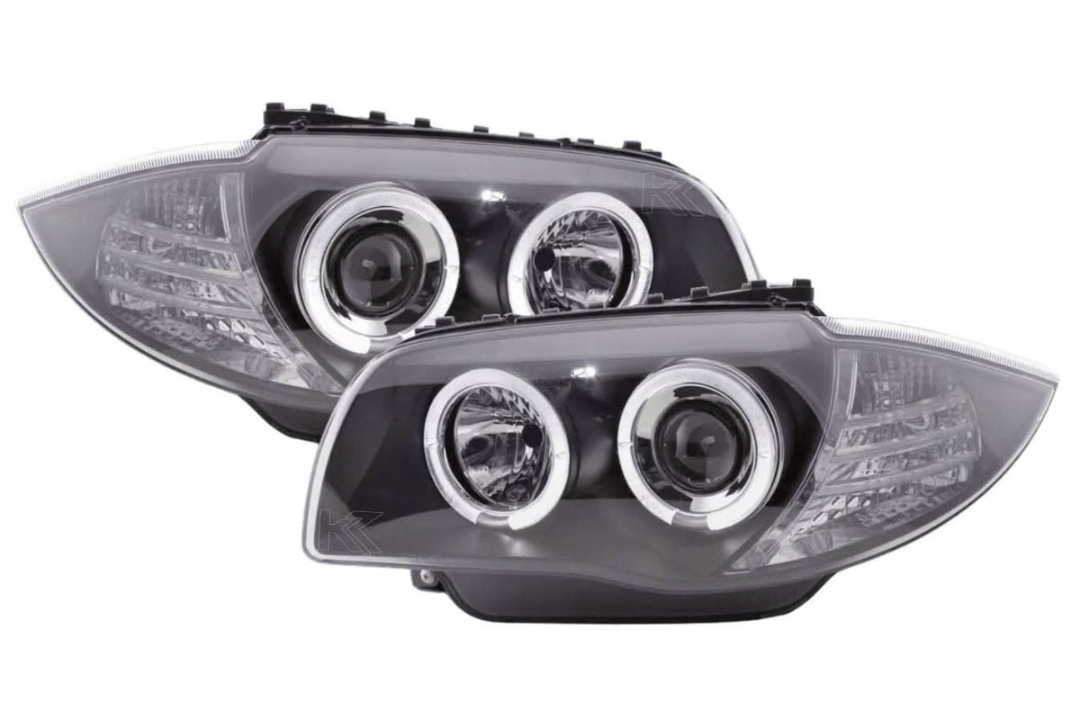 BMW 1-series E81 E82 E87 E88 black angel eyes headlight set by K2 Industries, showing sleek headlights with angel eye rings.
