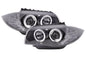 BMW 1-series E81 E82 E87 E88 black angel eyes headlight set by K2 Industries, showing sleek headlights with angel eye rings.