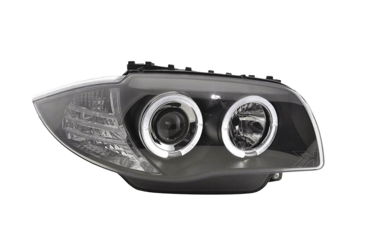 BMW 1-series E81 E82 E87 E88 headlights with black angel eyes by K2 Industries, showing the headlight set for 2004-2011 models.